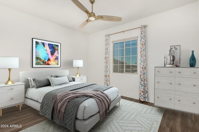 bedroom with ceiling fan and dark wood-type flooring