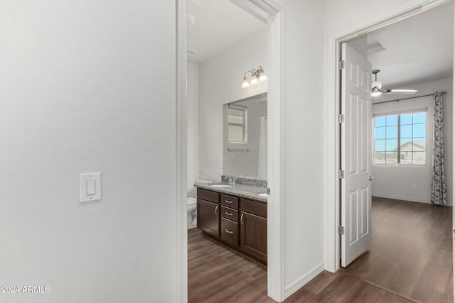 bathroom with ceiling fan, vanity, wood-type flooring, and toilet