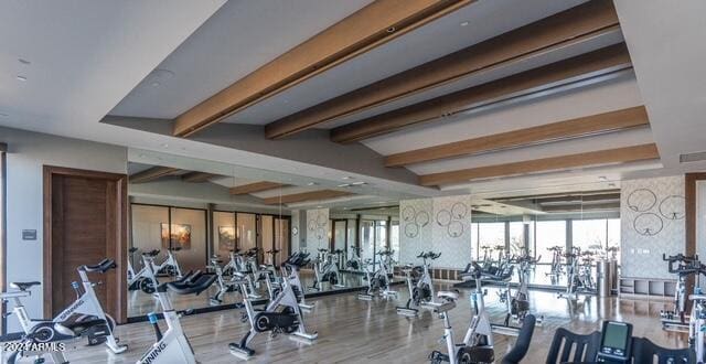 exercise room with hardwood / wood-style floors