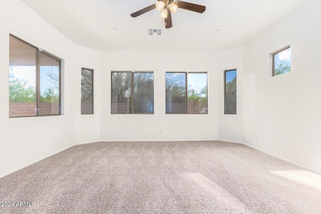 empty room with ceiling fan, plenty of natural light, and carpet floors