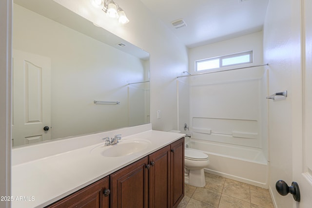 bathroom with visible vents, bathtub / shower combination, toilet, vanity, and tile patterned flooring