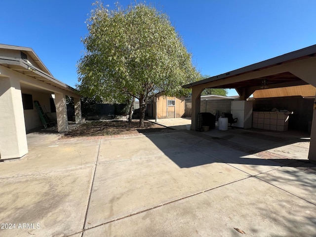 view of yard with a patio and a storage unit