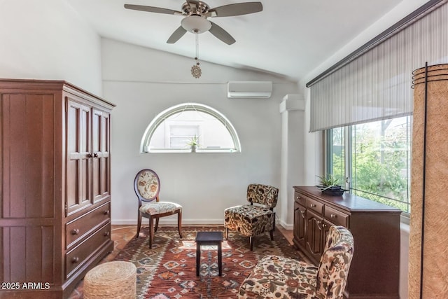 15009 E Palomino Blvd, Fountain Hills, AZ 85268 - sitting room featuring a wall unit AC, vaulted ceiling, and a ceiling fan