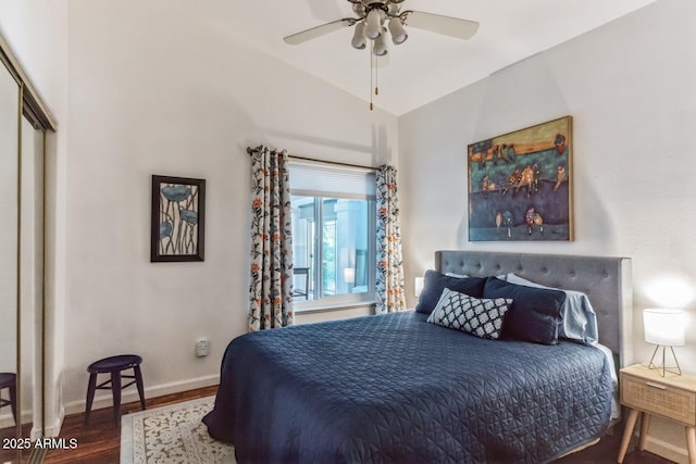 15009 E Palomino Blvd, Fountain Hills, AZ 85268 - bedroom with wood finished floors, vaulted ceiling, and ceiling fan