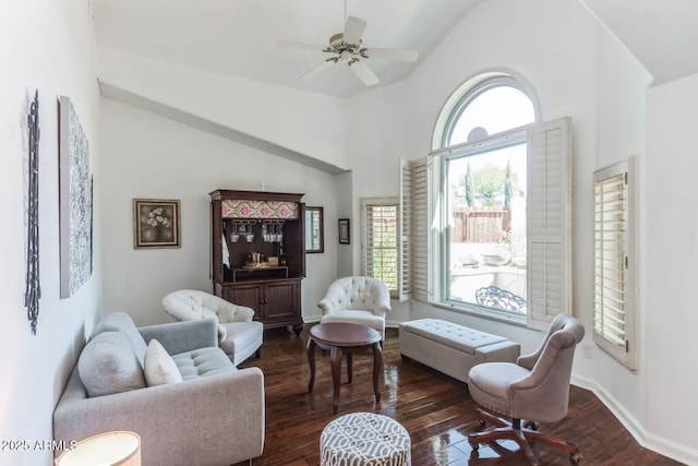 15009 E Palomino Blvd, Fountain Hills, AZ 85268 - living area with dark wood-type flooring, a ceiling fan, and high vaulted ceiling