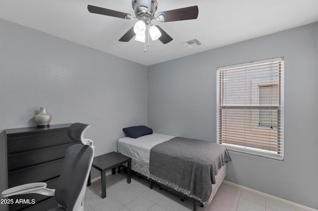 bedroom with baseboards, multiple windows, a ceiling fan, and visible vents