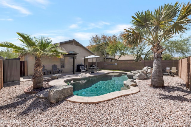 view of pool featuring a fenced backyard, a fenced in pool, and a patio