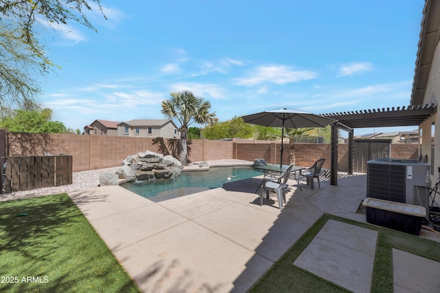 view of swimming pool with a fenced in pool, central AC unit, a fenced backyard, and a patio area