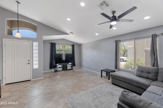 living room featuring ceiling fan, vaulted ceiling, recessed lighting, and visible vents