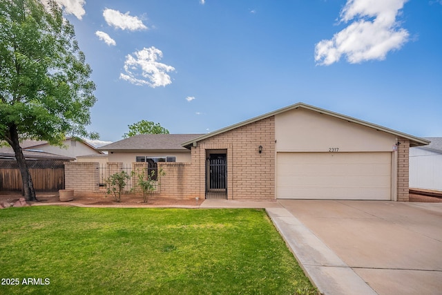 ranch-style home featuring stucco siding, concrete driveway, fence, a garage, and a front lawn