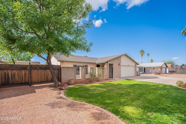 ranch-style home featuring brick siding, a front yard, fence, a garage, and driveway