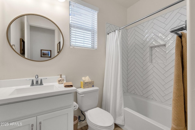 full bathroom with shower / bath combination with curtain, vanity, and toilet