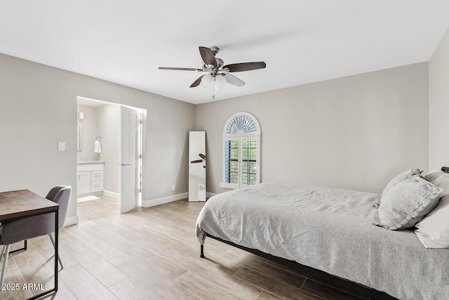 8361 E San Rafael Dr, Scottsdale, AZ 85258 - bedroom with light wood finished floors, ensuite bathroom, and ceiling fan