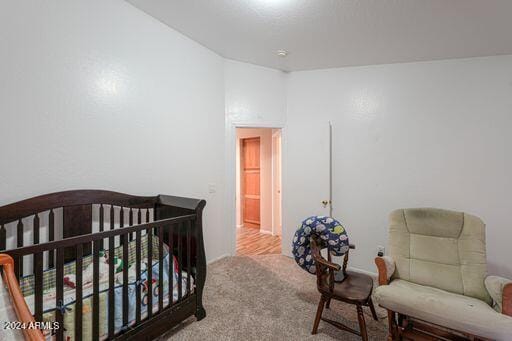 bedroom with light carpet and a nursery area