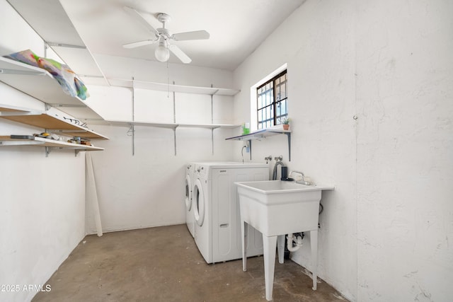 laundry area featuring washer and dryer, laundry area, and a ceiling fan