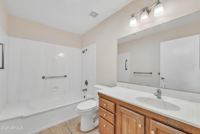 full bath with toilet, visible vents, vanity, shower / bathing tub combination, and tile patterned floors