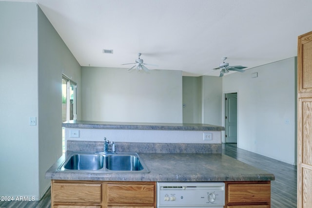 kitchen featuring wood-type flooring, white dishwasher, ceiling fan, and sink