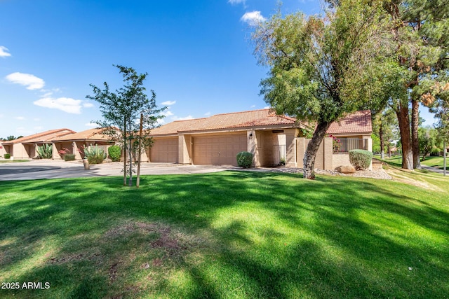 ranch-style house featuring stucco siding, a front lawn, driveway, and a garage