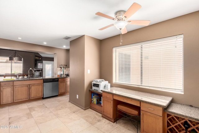 kitchen featuring a sink, visible vents, a ceiling fan, brown cabinets, and dishwasher