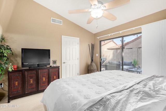bedroom with vaulted ceiling, visible vents, access to outside, light colored carpet, and ceiling fan