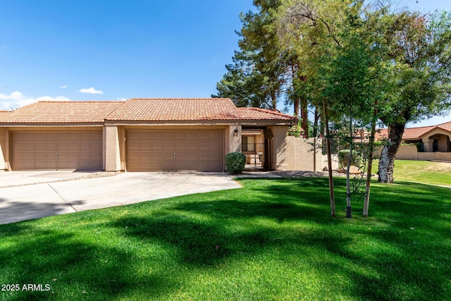 ranch-style house with a front lawn, stucco siding, concrete driveway, a tile roof, and a garage