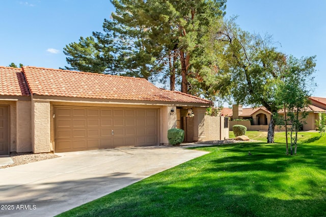 ranch-style house featuring a garage, a tile roof, stucco siding, and driveway