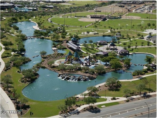 bird's eye view with a water view