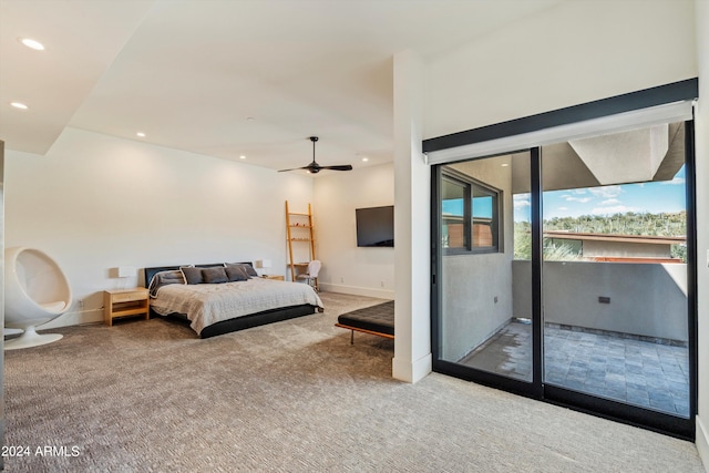 bedroom featuring ceiling fan, light colored carpet, and access to exterior