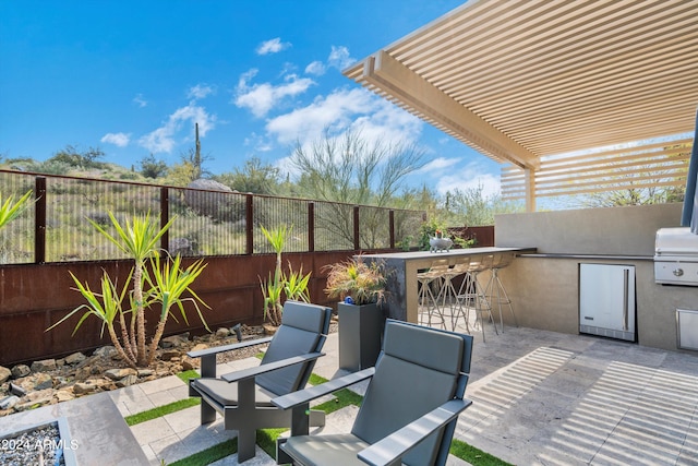 view of patio / terrace featuring an outdoor bar, area for grilling, and exterior kitchen