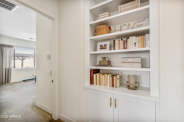 details with built in features, baseboards, visible vents, and carpet floors