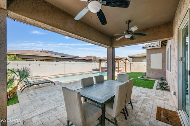 view of patio / terrace with outdoor dining space, a fenced backyard, and a fenced in pool