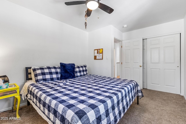 bedroom featuring ceiling fan and carpet flooring