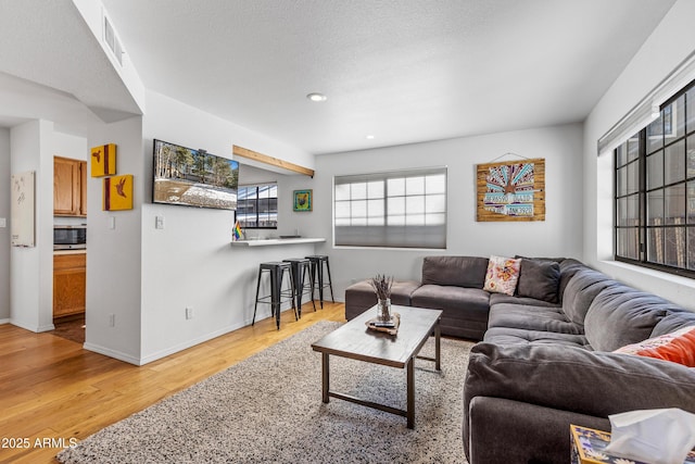 living room featuring wood-type flooring and a textured ceiling