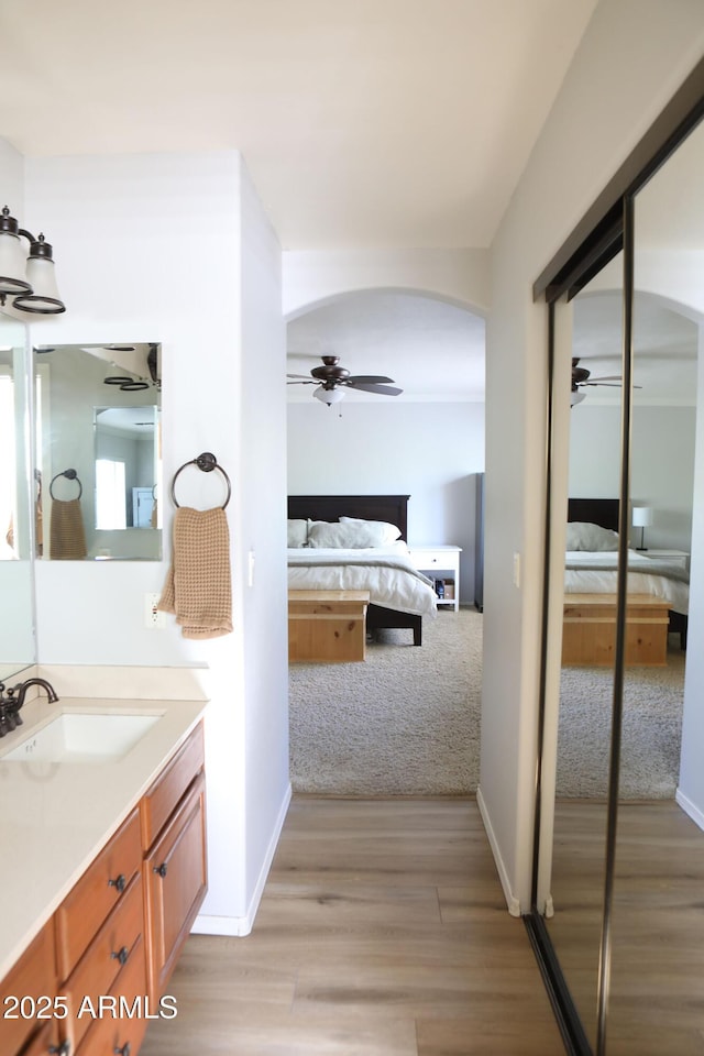 bathroom featuring vanity, ceiling fan, and wood-type flooring