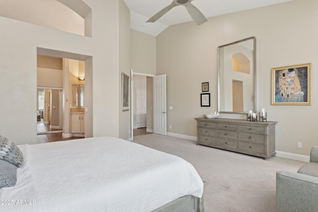 4960 E Dale Ln, Cave Creek, AZ 85331 - carpeted bedroom with baseboards, ensuite bathroom, high vaulted ceiling, and a ceiling fan