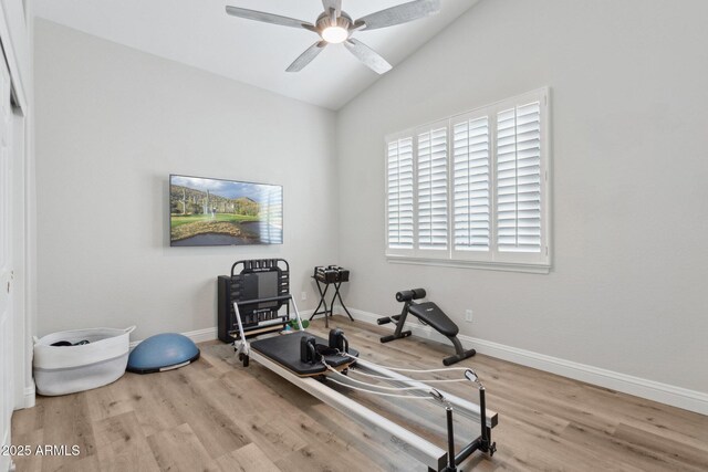 4960 E Dale Ln, Cave Creek, AZ 85331 - exercise room with wood finished floors, lofted ceiling, a ceiling fan, and baseboards