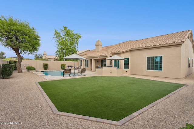 4960 E Dale Ln, Cave Creek, AZ 85331 - back of property with stucco siding, a patio, a tiled roof, and a chimney