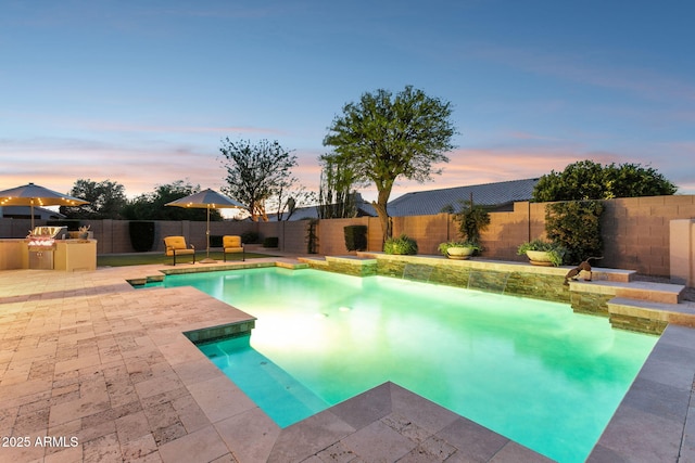 4960 E Dale Ln, Cave Creek, AZ 85331 - view of swimming pool featuring a fenced backyard, exterior kitchen, and a patio