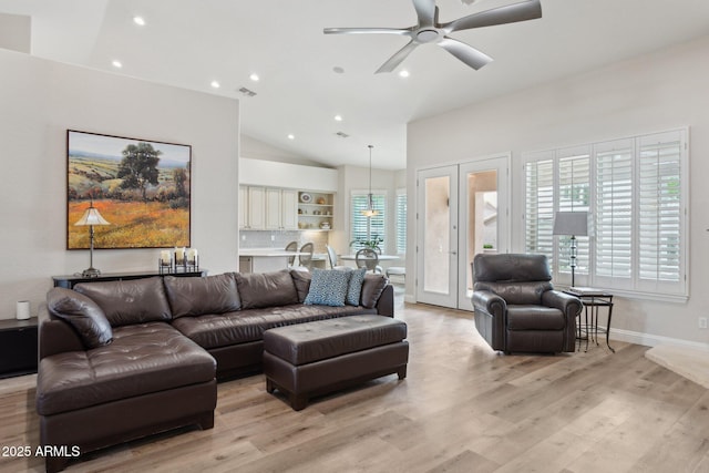 4960 E Dale Ln, Cave Creek, AZ 85331 - living area with recessed lighting, a ceiling fan, light wood-type flooring, baseboards, and high vaulted ceiling