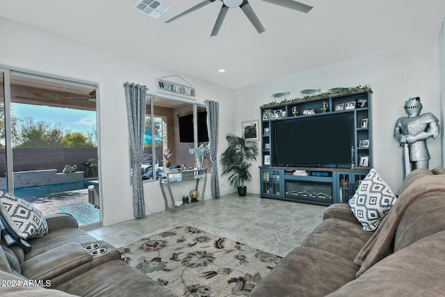 living room featuring ceiling fan