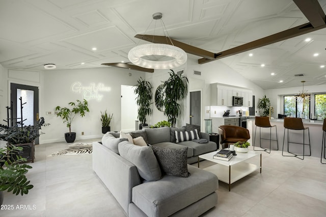 tiled living room featuring lofted ceiling with beams