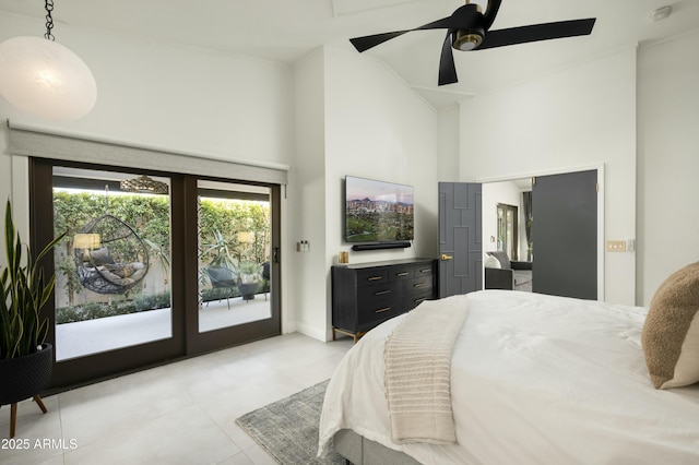 bedroom featuring access to exterior, high vaulted ceiling, and ceiling fan