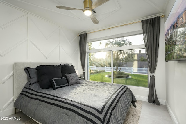 bedroom with vaulted ceiling and ceiling fan