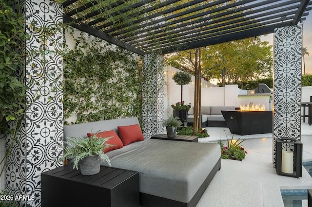 view of patio with an outdoor living space and a pergola