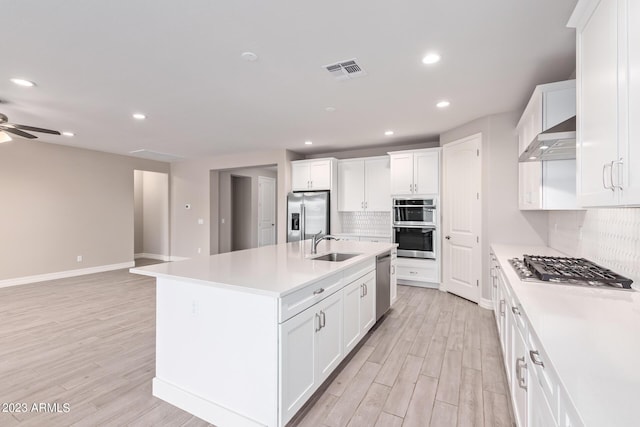 kitchen featuring white cabinetry, wall chimney exhaust hood, a kitchen island with sink, decorative backsplash, and appliances with stainless steel finishes