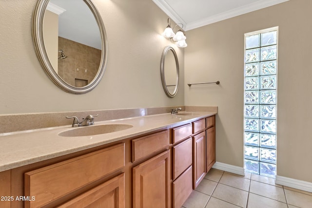 737 E 7th Pl, Mesa, AZ 85203 - bathroom featuring ornamental molding, tile patterned floors, double vanity, and baseboards