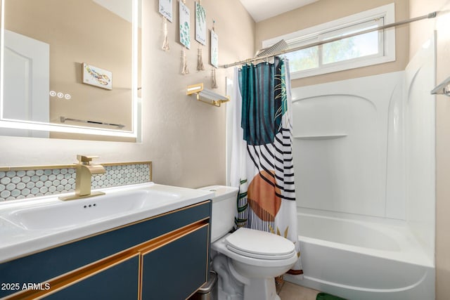 5612 S 21st Pl, Phoenix, AZ 85040 - bathroom with backsplash, vanity, toilet, and shower / bath combination with curtain