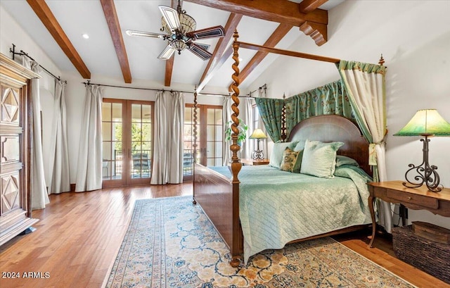 bedroom with ceiling fan, french doors, vaulted ceiling with beams, light hardwood / wood-style floors, and access to outside