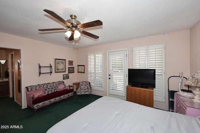 7537 W Bluefield Ave, Glendale, AZ 85308 - bedroom with access to exterior, carpet floors, and a ceiling fan