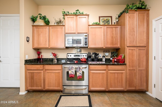 kitchen featuring stainless steel appliances and dark stone countertops